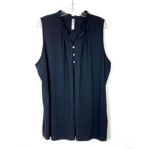 Per Seption Women's Sleeveless Top Size 3X Black Ruffled Collar Pearl Buttons